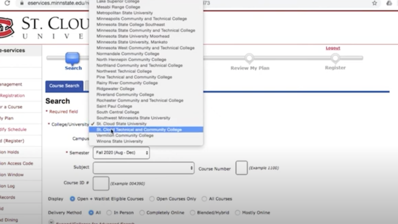 screenshot of eServices showing option to select other schools when in course search