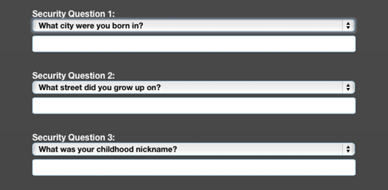 screenshot of security question page