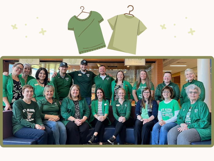 Graphic of 2 green shirts along with last years group photo with everyone wearing green