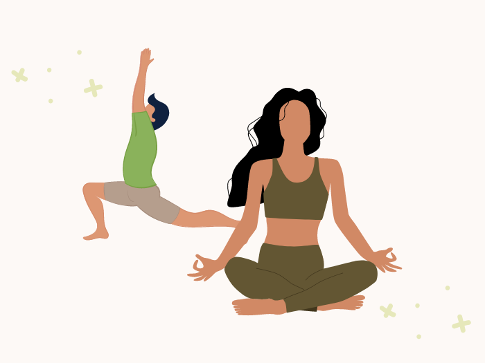 two graphics of people doing yoga with sparkles in the background