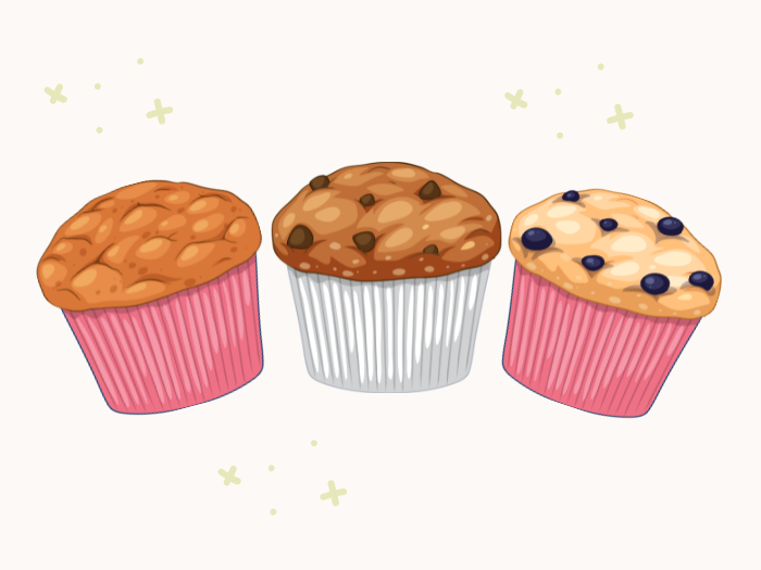 Graphic of 3 different muffins and sparkles in the background