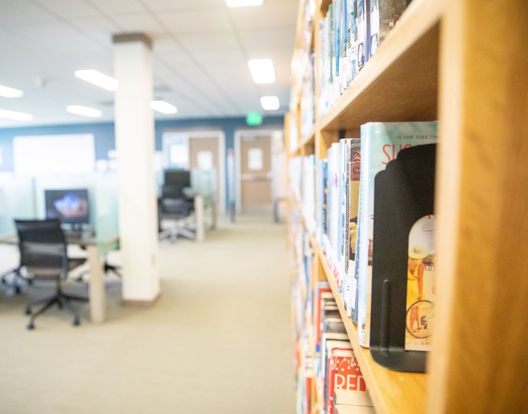 bookshelves with computer stations in the background