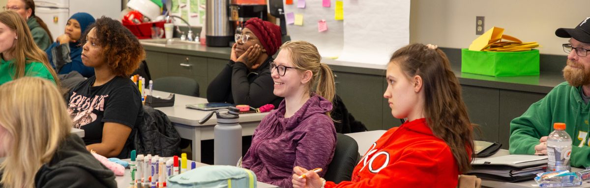 Students in colorful classroom