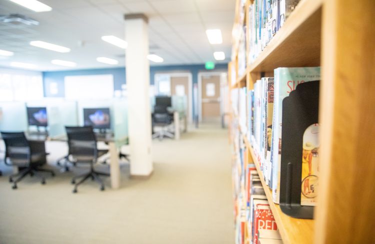 bookshelves with computer stations in the background