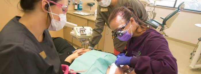 dental hygiene students working with a patient