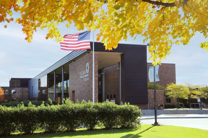 SCTCC main entrance with yellow leaves in forground