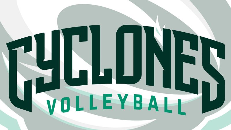 Cyclones volleyball with faded cyclones logo in background