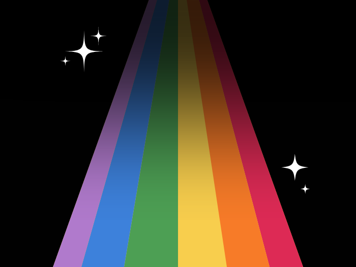 Graphic of rainbow road with sparkles in the background.